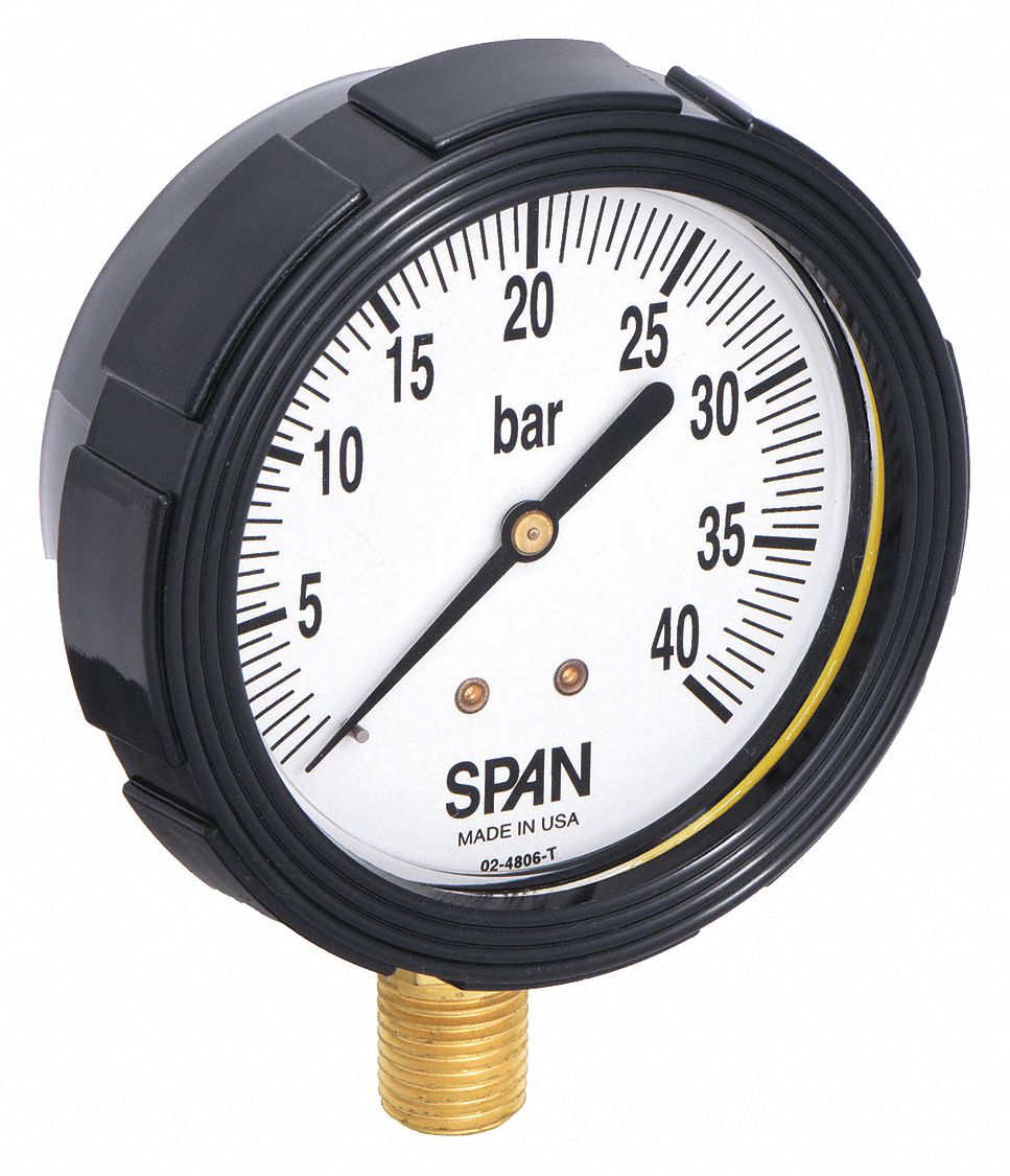 Industrial Pressure Gauge: 0 bar / Hg to 40 bar, 2 1/2 in Dial, 1/4 in NPT Male, Bottom, Nylon