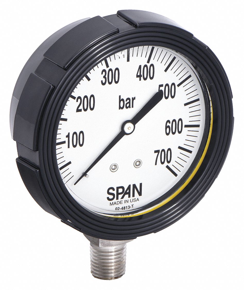 Industrial Pressure Gauge: 0 bar / Hg to 700 bar, 2 1/2 in Dial, 1/4 in NPT Male, Bottom, Nylon
