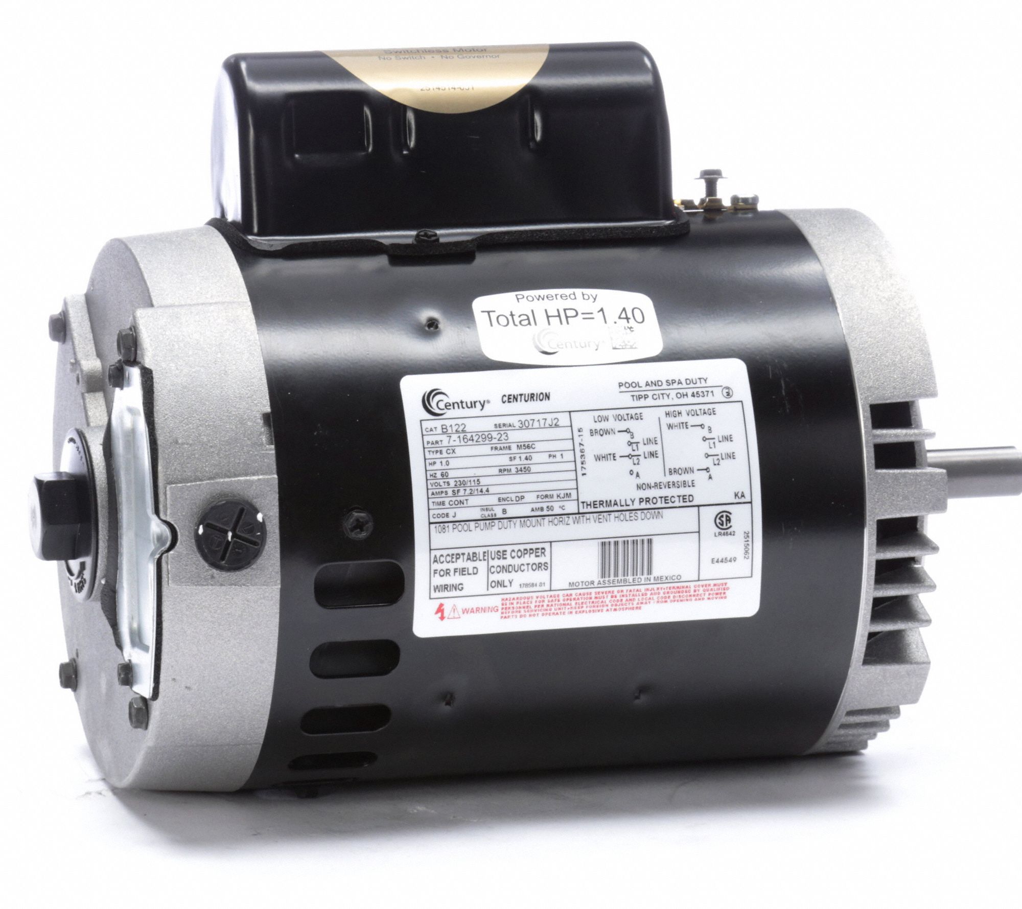 CENTURY Pool Pump Motor, 1 HP, Permanent Split Capacitor, 6.5 in