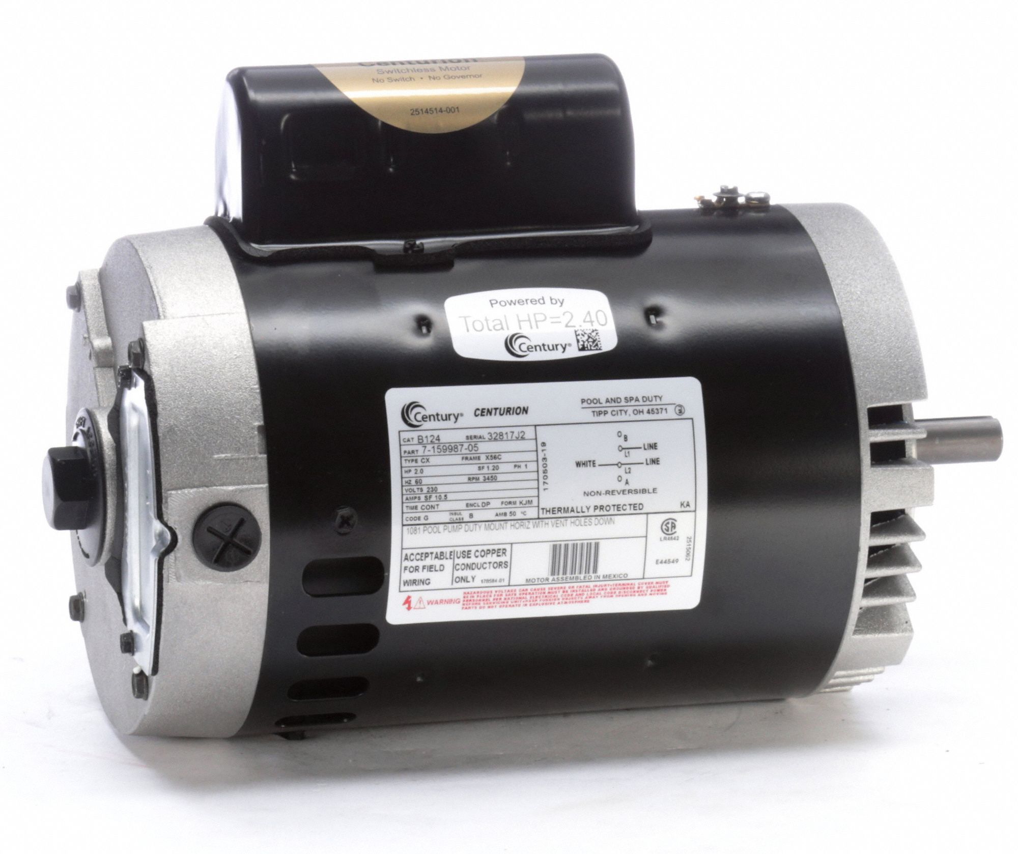CENTURY 2 HP Pool and Spa Pump Motor, Permanent Split Capacitor, 230V