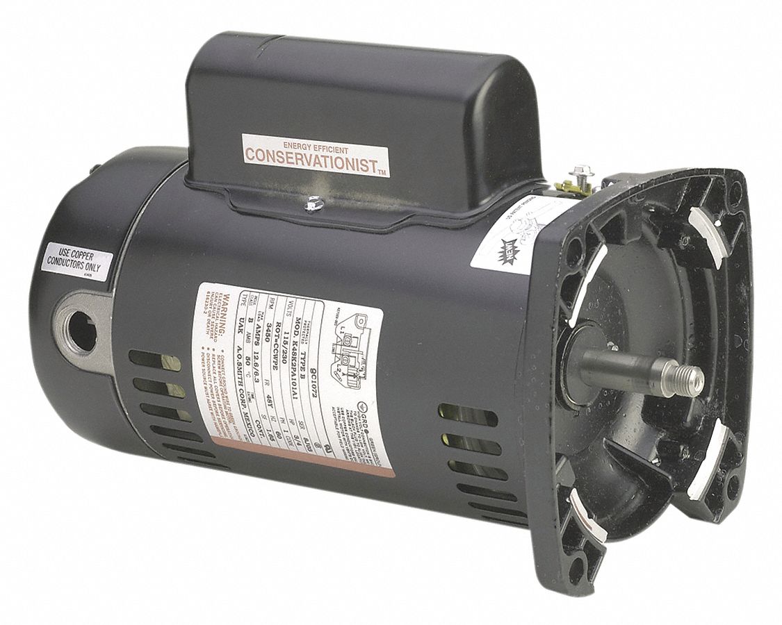 Square Flange Pool Pump Motor: Face Mounting, 3/4 HP, 1.65 Motor Service Factor, 115/230V AC