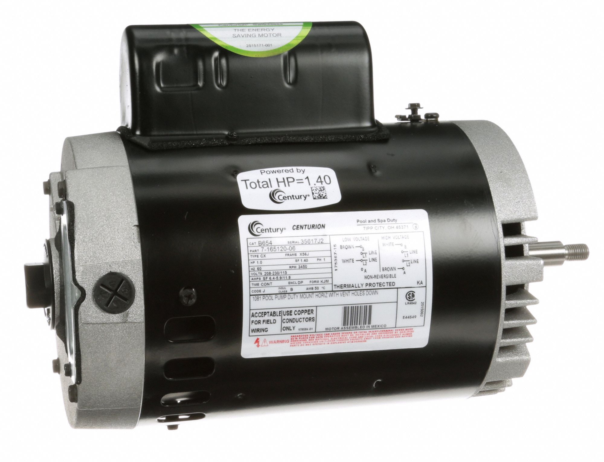 1 HP 3450 RPM 56J Frame 115/230V Swimming Pool Pump Motor Century # B654 