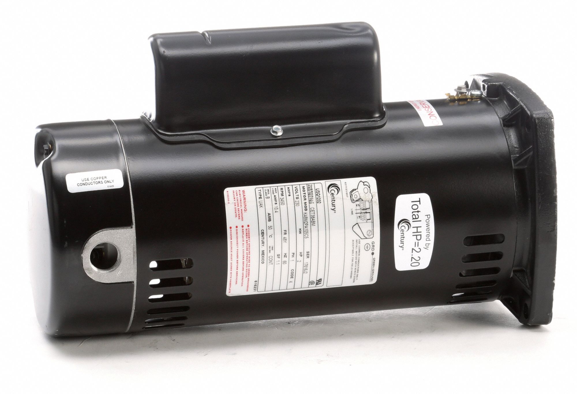 CENTURY Pool Pump Motor, 2 HP, CapacitorStart/Run, Nameplate RPM 3,450