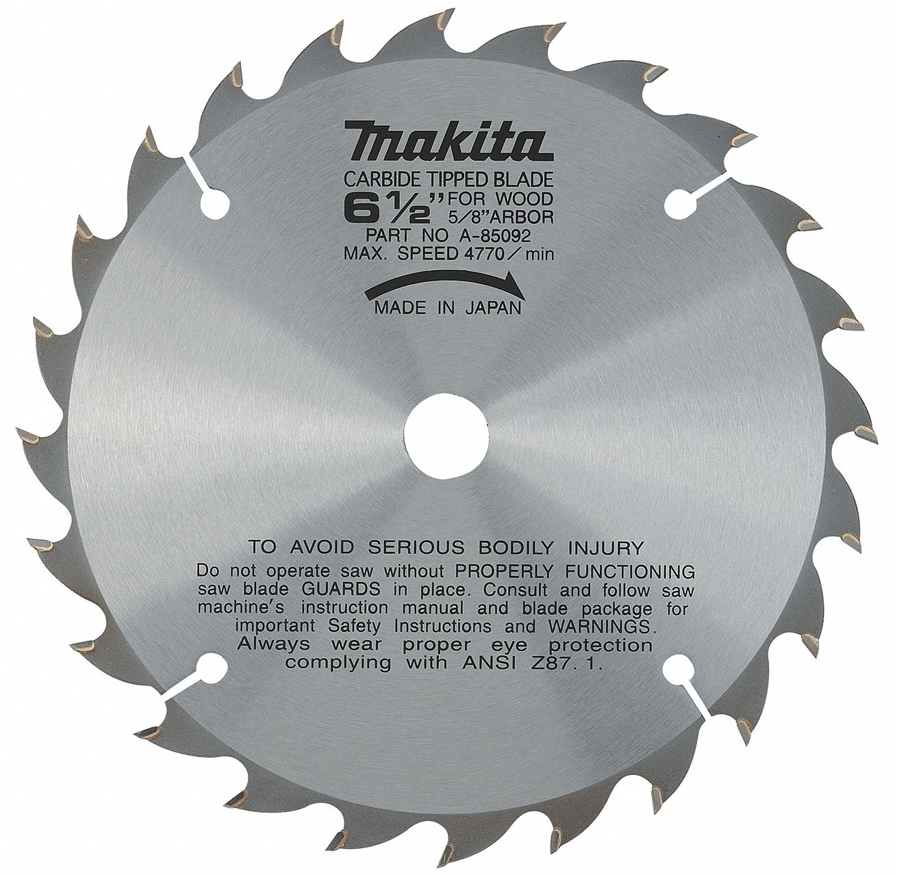 CIRCULAR SAW BLADE, 24 TEETH, CARBIDE, HOOK ANGLE 20 ° , 6½ IN DIA, 0.039 IN, 6500 RPM