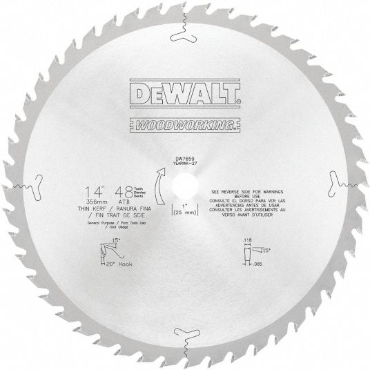 DEWALT Circular Saw Blade, Wood Materials Cut, 14 in Blade Dia., 1 in