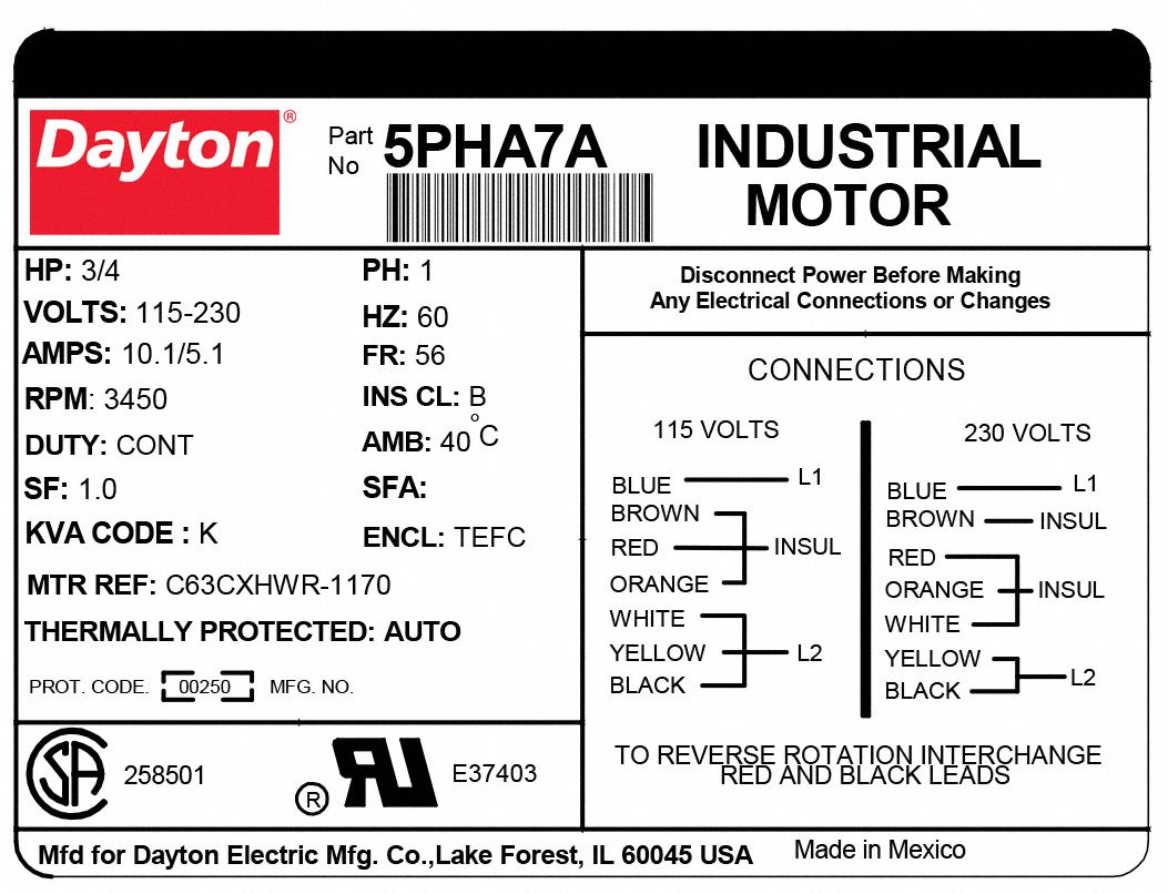 Details about   DAYTON 5PHA7A GP Motor,3/4 HP,3,450 RPM,115/230V AC,56