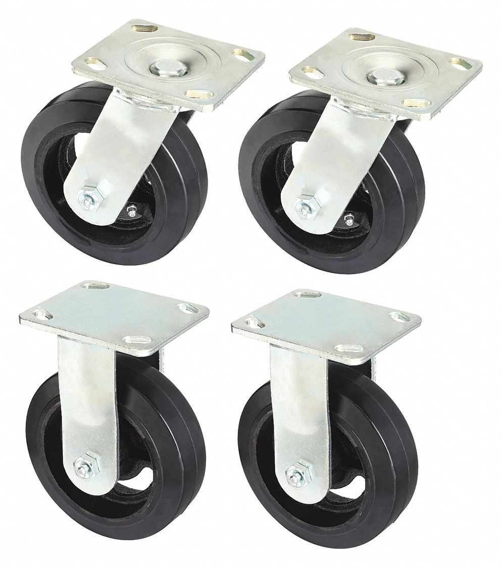 STANDARD PLATE CASTER KIT, 6 IN WHEEL DIAMETER, 2400 LB, 7½ IN MOUNTING H, 4 PK