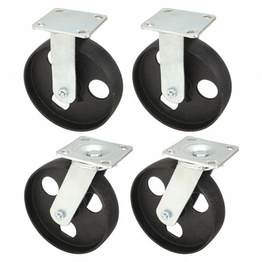 Plate Caster Kit, Rigid, Swivel, Iron, 4800 lb, 8 in Wheel Dia., PK 4