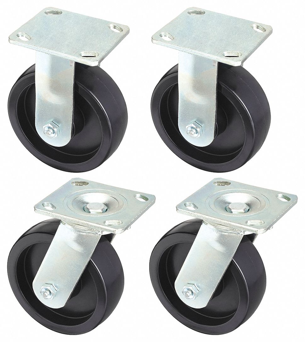 STANDARD PLATE CASTER KIT, 6 IN WHEEL DIAMETER, 4800 LB, 7½ IN MOUNTING H, 4 PK