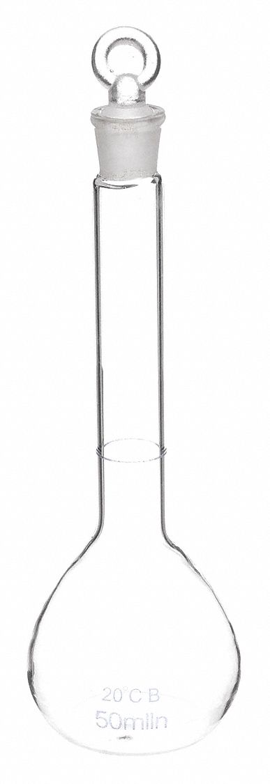 VOLUMETRIC FLASK, 50 ML CAPACITY, 1.7 FL OZ CAPACITY, INCLUDES CLOSURE, GRADUATED, 0.10 ML