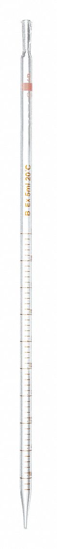 SEROLOGICAL PIPETTE, 5 ML CAPACITY, 0.1 ML GRADUATION INCREMENTS, NON-STERILE, GLASS, GRADE B
