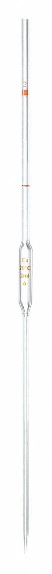 VOLUMETRIC PIPETTE, 2 ML CAPACITY, 2 ML GRADUATION INCREMENTS, NON-STERILE, GLASS, GRADE A