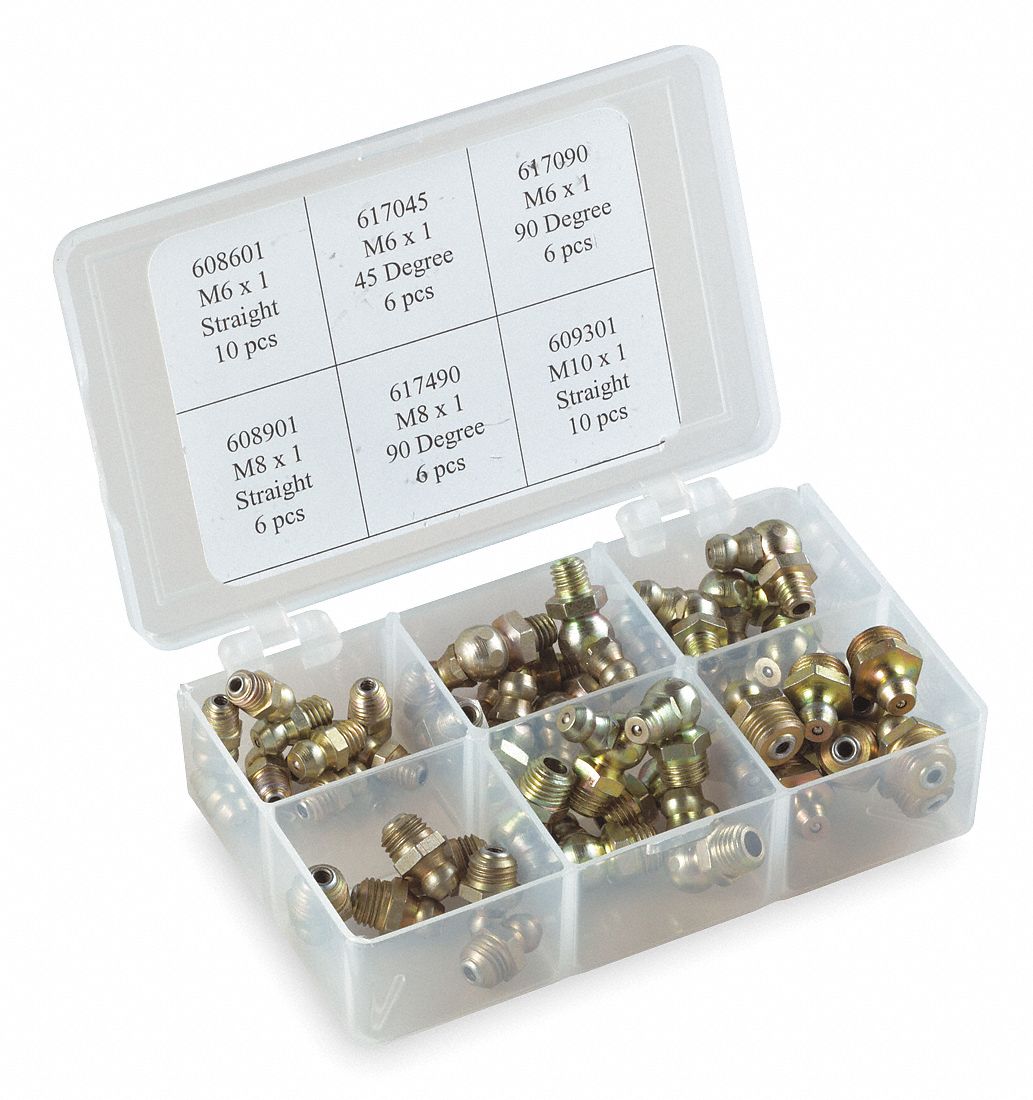 Grease Fitting Kit, Standard, M6x1, M8x1, M10x1 Thread Size, Number of