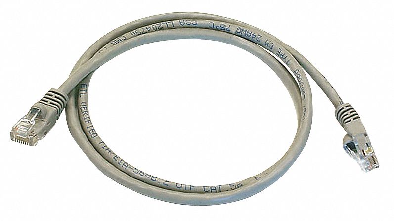 Voice and Data Patch Cord: Unshielded, Cat 5e, 3 ft Overall Lg, PVC, Round, 24 AWG, Gray