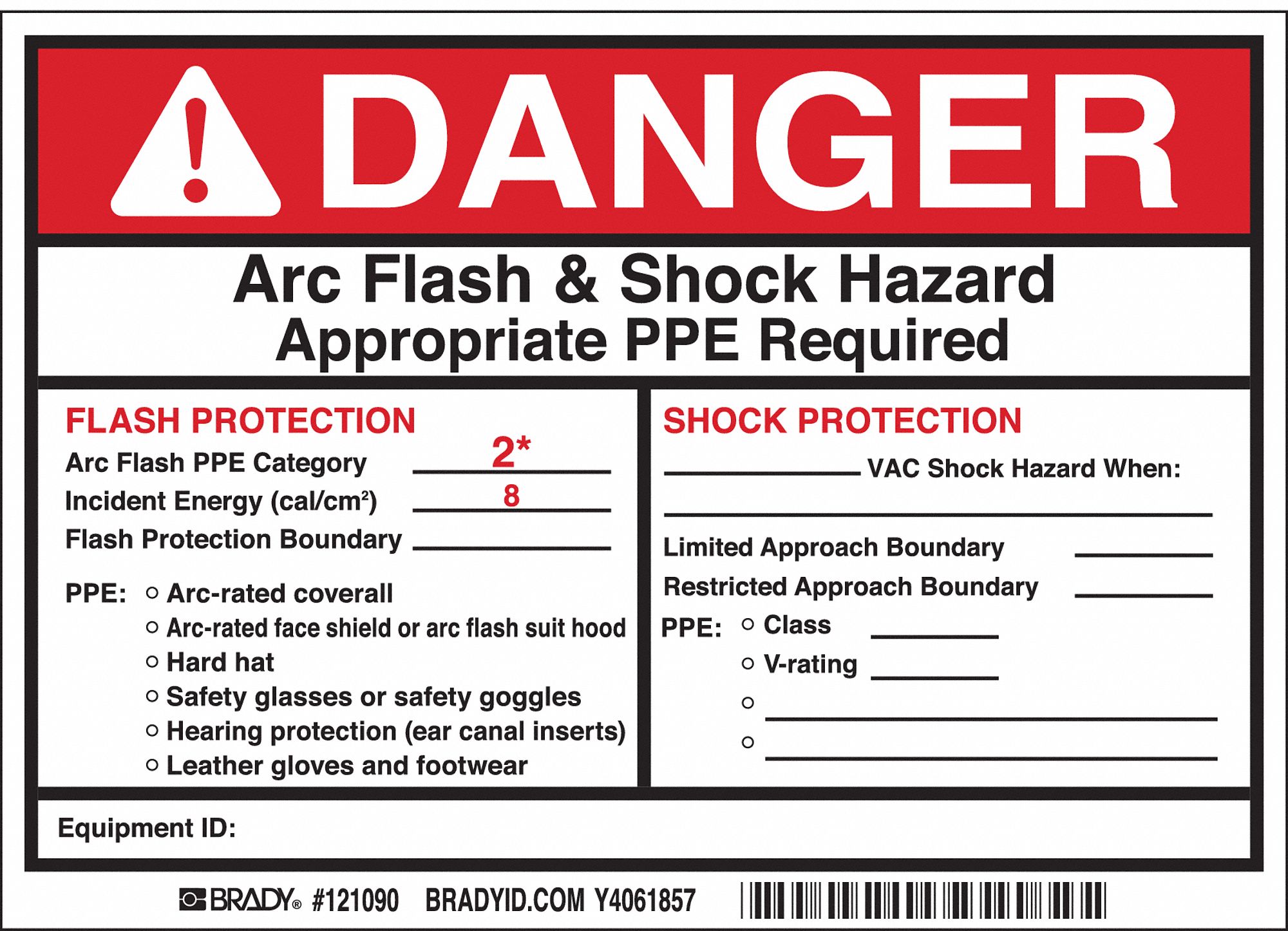 PERMANENT ADHESIVE LABEL, DANGER ARC/SHOCK, CAT 2, VINYL, ADHESIVE, 5X7 IN SIGN SIZE, DANGER, ARC FLASH & SHOCK HAZAR...