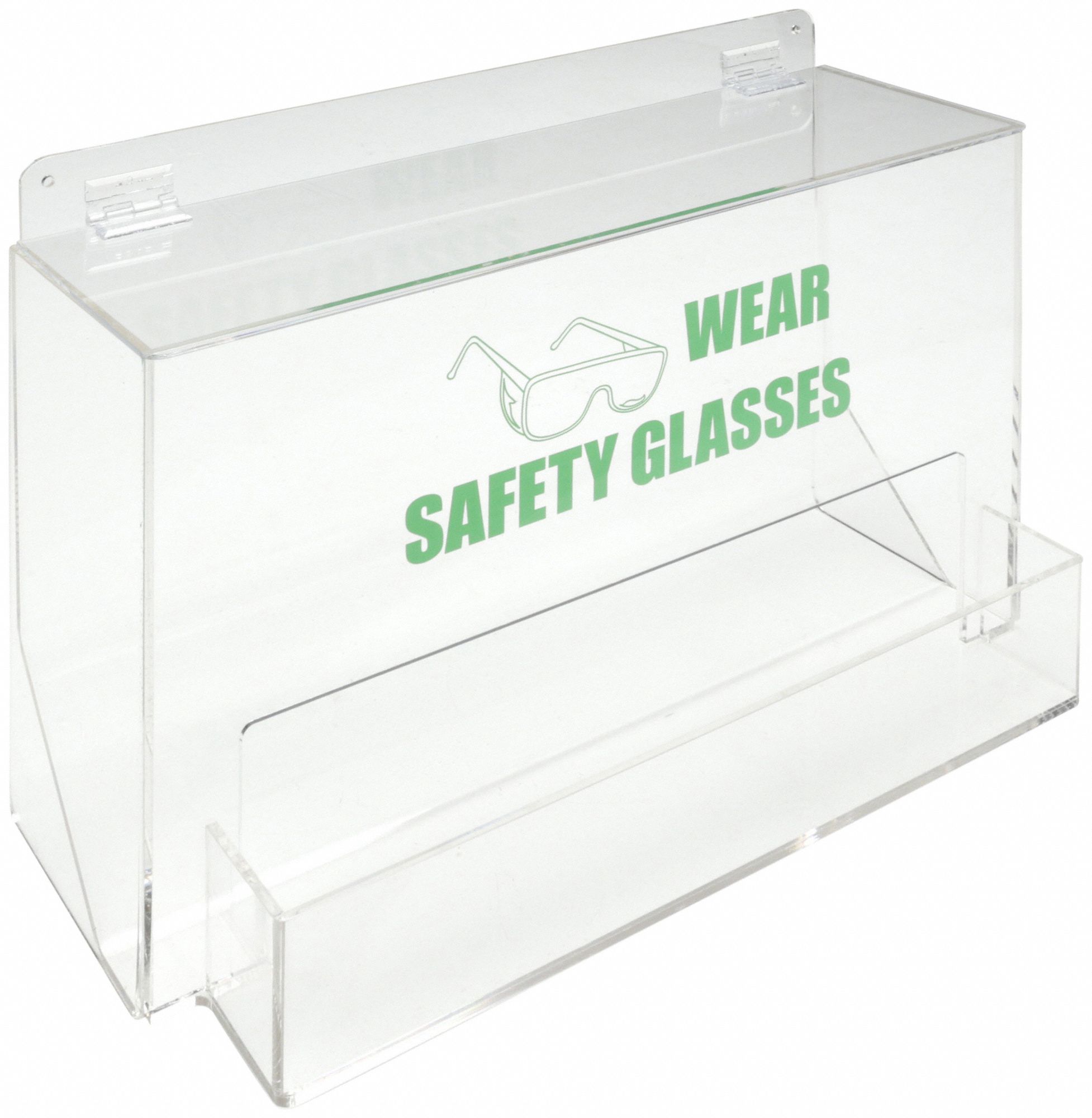 PROTECTIVE EYEWEAR DISPENSER, TRAY, 35 PAIRS, CLEAR, ACRYLIC, WALL/SURFACE, 18X12¼X9¼ IN