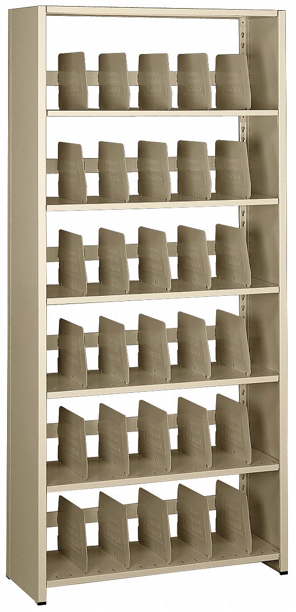 Open-File Shelves: Open Back, 35 Dividers, 7 Shelves, 88 in Overall Ht, 12 in Overall Dp
