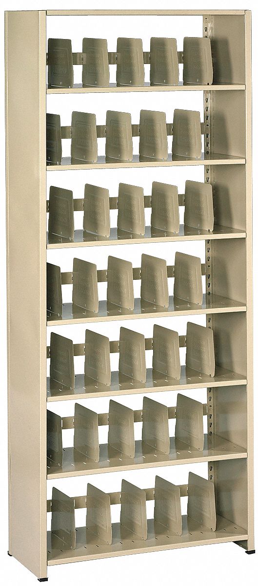 Open-File Shelves: Open Back, 35 Dividers, 7 Shelves, 88 in Overall Ht, 15 in Overall Dp