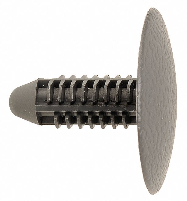 GRAINGER APPROVED Ribbed Push In Rivet, Plastic, 0.313 in Dia., 20 mm L, 0.281 in, Charcoal