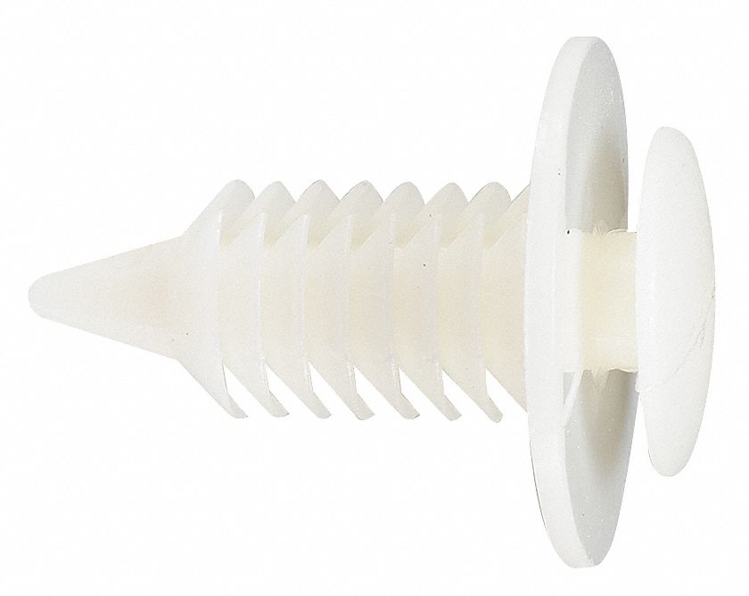 Push-In Rivet, Natural, Dome, 0.75" L, PK50: Inch, Ribbed, Dome, Nylon, Natural, 50 PK
