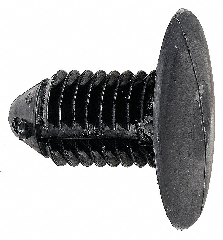 GRAINGER APPROVED Ribbed Push In Rivet, Nylon, 0.4375 in Dia., 0.844 in L, 0.375 in, Black