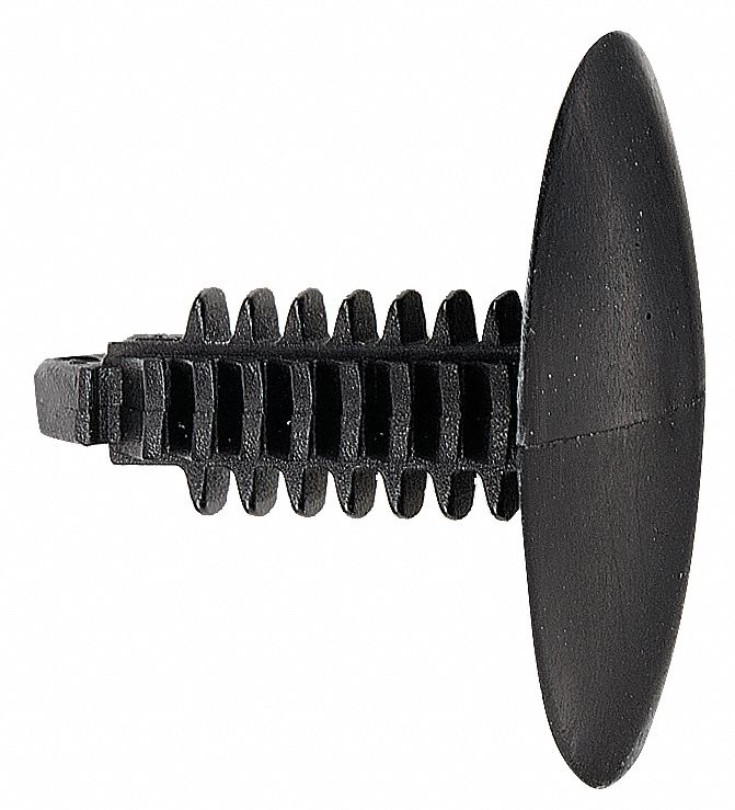 Push-In Rivet, Black, Dome, 11/16" L, PK100: Inch, Ribbed, Dome, 5.1 mm Shank Dia, Nylon, Black, 100 PK