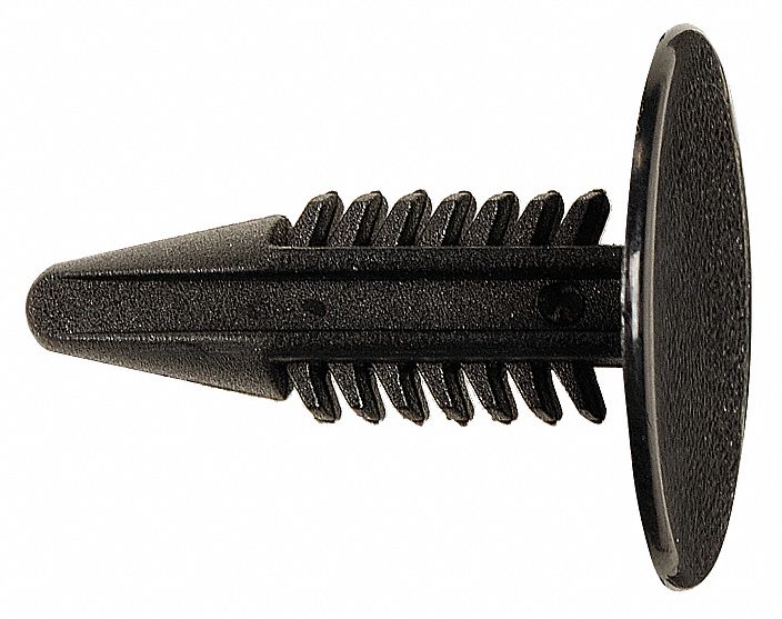 Push-In Rivet, Black, Dome, 0.938" L, PK25: Metric, Ribbed, Dome, Plastic, Black, 25 PK