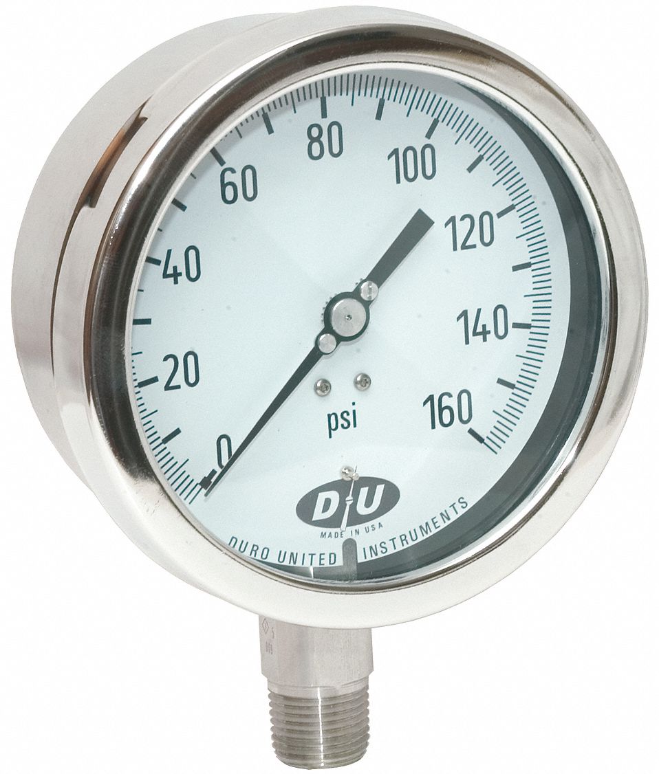 Industrial Pressure Gauge: 0 psi to 160 psi, White, 4 1/2 in Dial, 1/2 in NPT Male, Bottom, 20