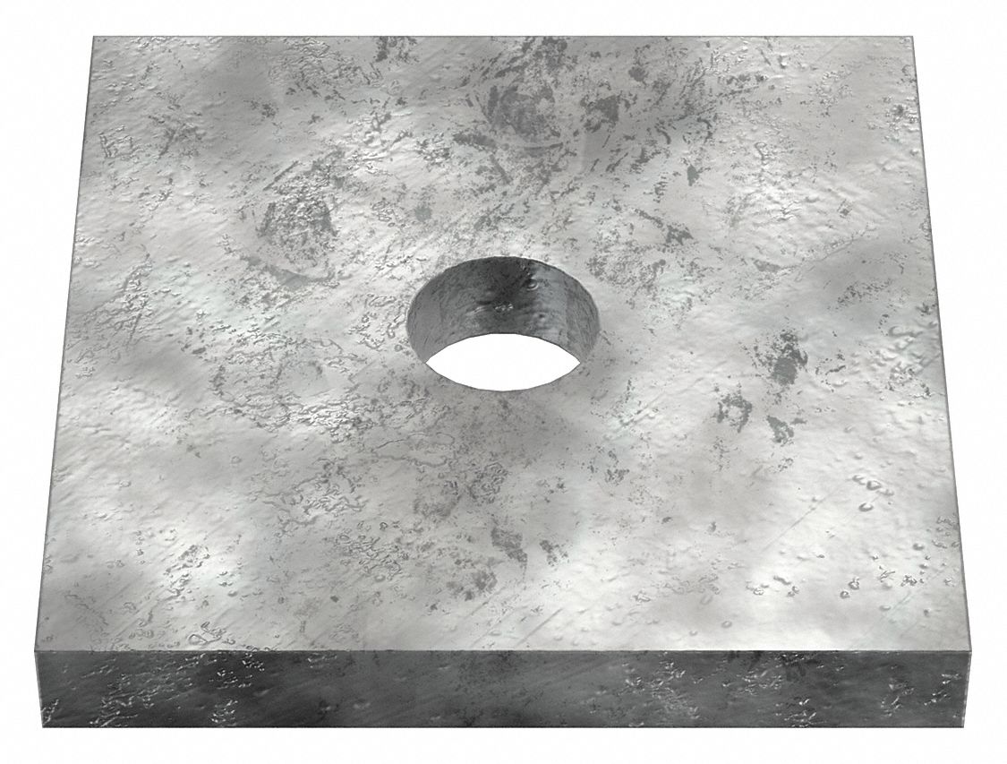 Square Washer: Case Hardened, Galvanized, Steel, 3/8 in Screw Sz, 0.438 in In Dia, 2 in Washer Lg