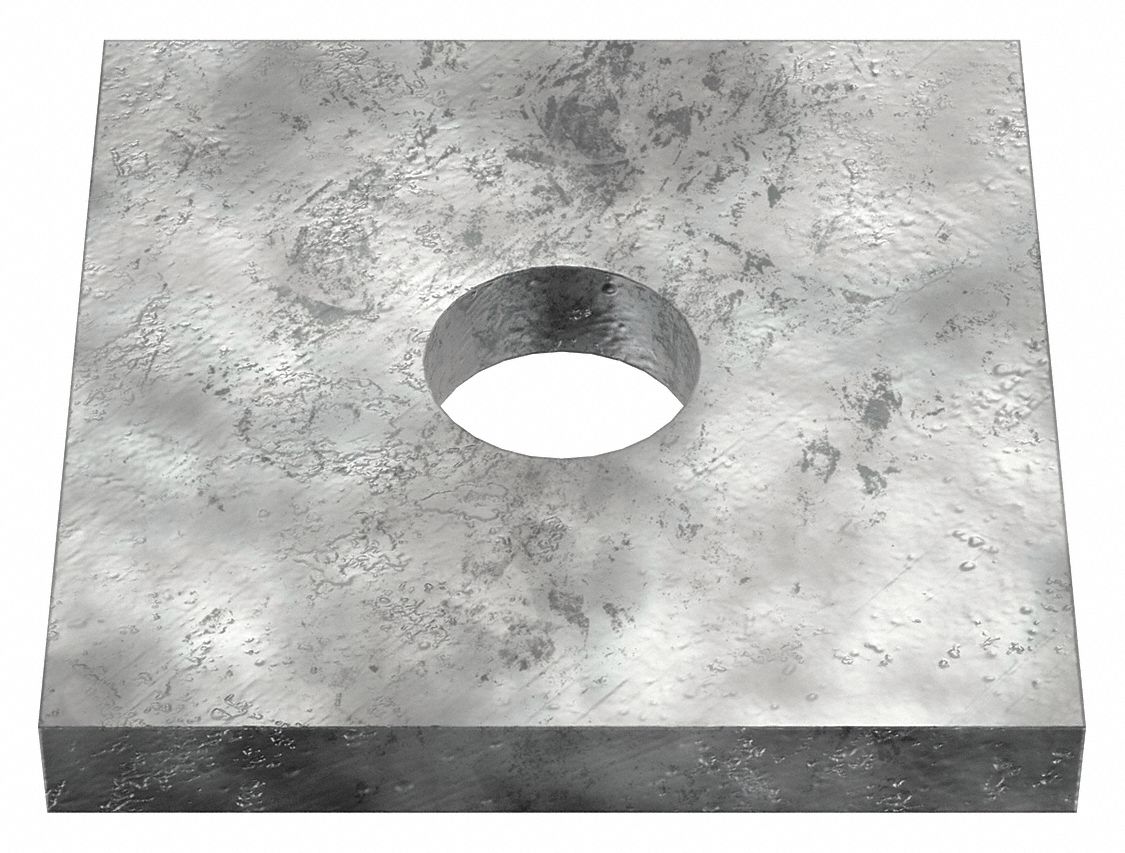 Square Washer: Case Hardened, Galvanized, Steel, 1/2 in Screw Sz, 0.562 in In Dia, 2 in Washer Lg
