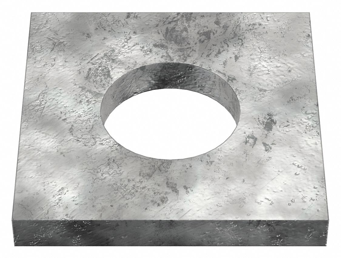 Square Washer: Case Hardened, Galvanized, Steel, 7/8 in Screw Sz, 0.938 in In Dia, 2 in Washer Lg