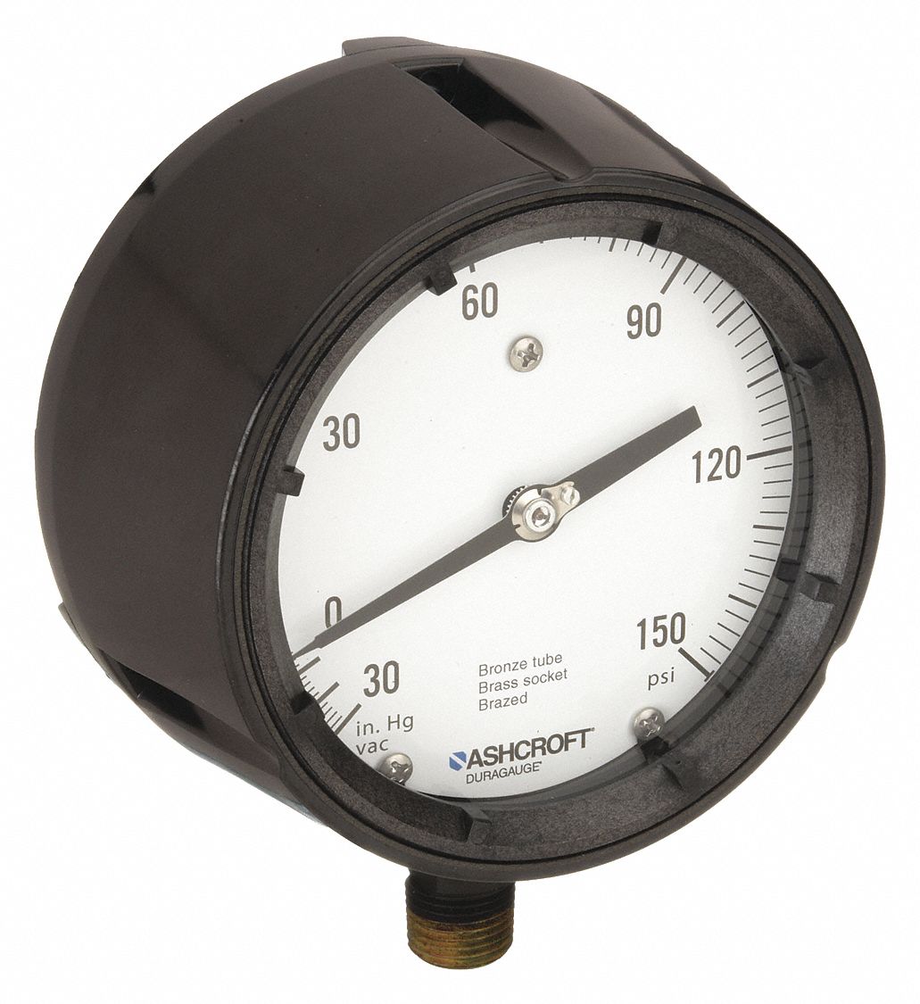 Process Compound Gauge: 0 psi to 150 psi, White, 4 1/2 in Dial, 1/2 in NPT Male, Bottom