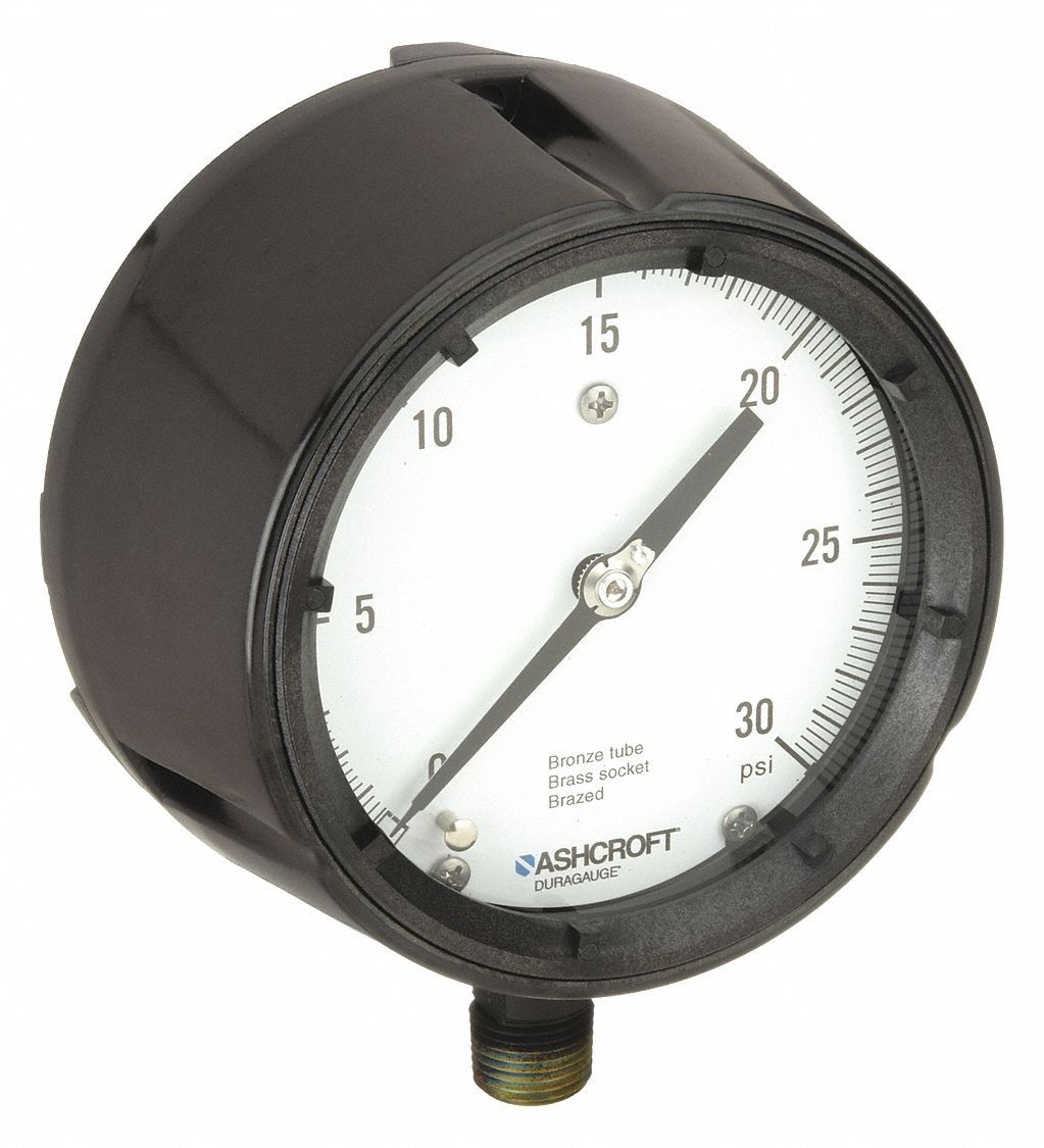 Process Pressure Gauge: 0 psi to 30 psi, White, 4 1/2 in Dial, 1/2 in NPT Male, Bottom