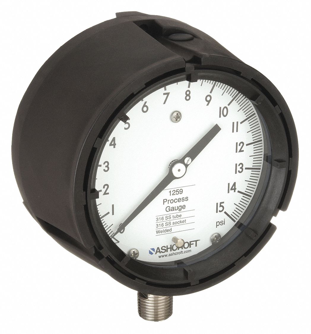 PROCESS PRESSURE GAUGE, 0 PSI TO 15 PSI, WHITE, 4 1/2 IN DIAL, 1/2 IN NPT MALE, BOTTOM, PBT