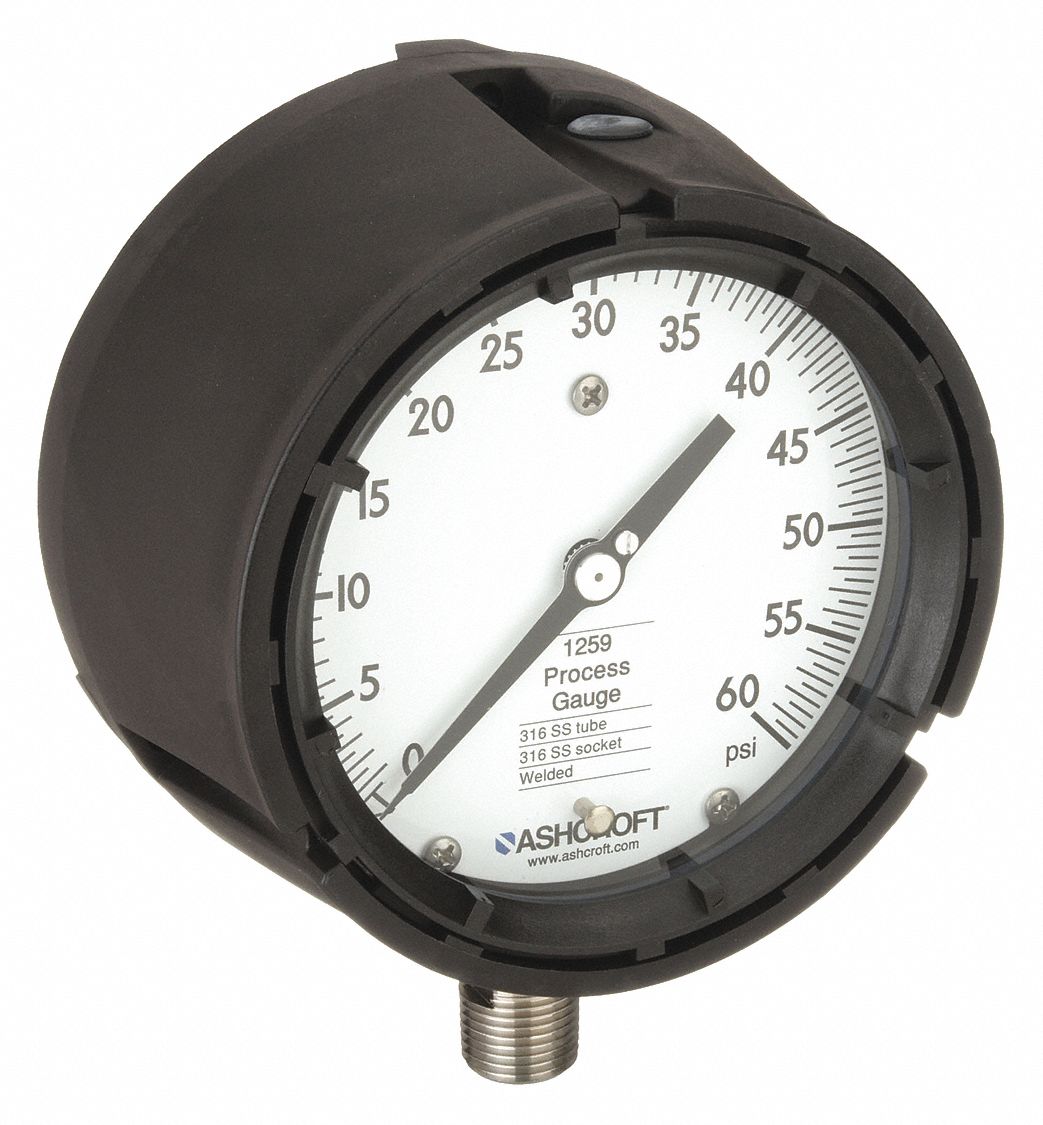 PROCESS PRESSURE GAUGE, 0 PSI TO 60 PSI, WHITE, 4 1/2 IN DIAL, 1/2 IN NPT MALE, BOTTOM, PBT