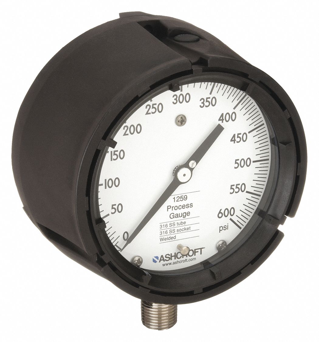 PROCESS PRESSURE GAUGE, 0 PSI TO 600 PSI, WHITE, 4 1/2 IN DIAL, 1/2 IN NPT MALE, BOTTOM