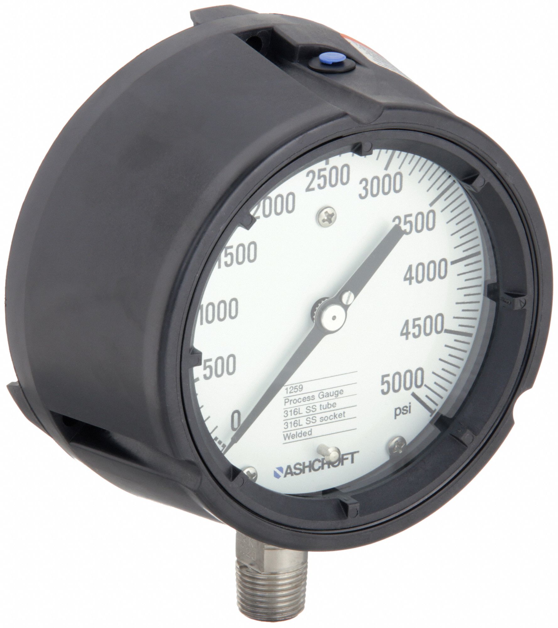 Process Pressure Gauge: 0 psi to 5, 000 psi, White, 4 1/2 in Dial, 1/2 in NPT Male, Bottom
