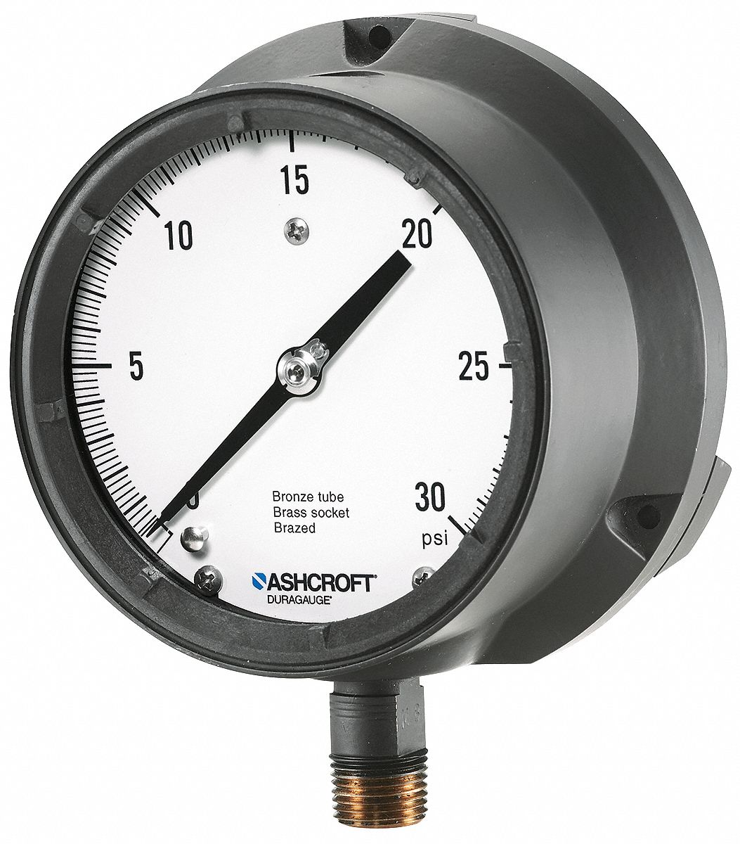 Pressure Gauge,0 to 30 psi,4-1/2In,1/2In