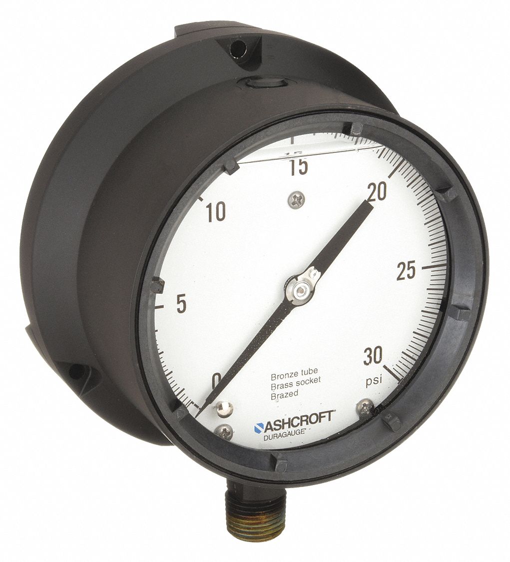 PRESSURE GAUGE,0 TO 30 PSI,4-1/2IN,1/2IN