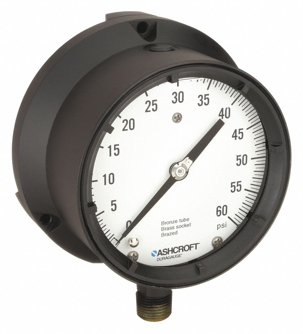 PROCESS PRESSURE GAUGE, 0 PSI TO 60 PSI, WHITE, 4 1/2 IN DIAL, 1/2 IN NPT MALE, BOTTOM, 4X
