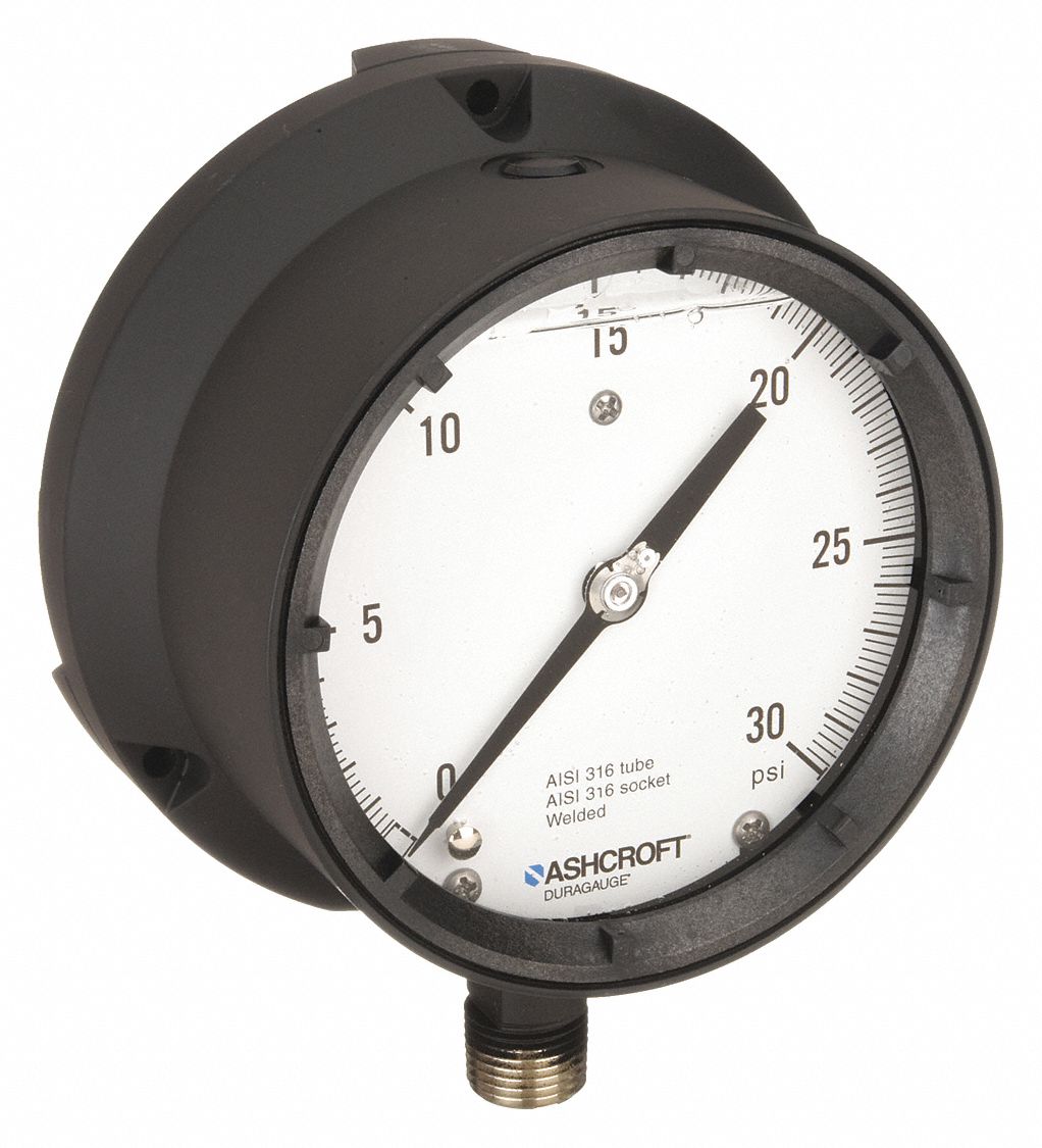 PROCESS PRESSURE GAUGE, 0 PSI TO 30 PSI, WHITE, 4 1/2 IN DIAL, 1/2 IN NPT MALE, BOTTOM, 4X