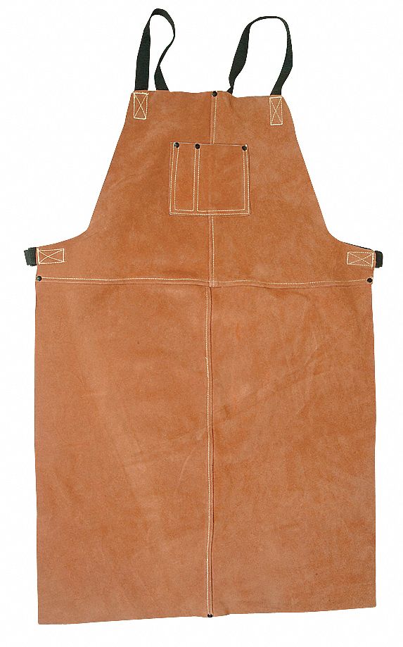 WELDING BIB APRON, 36 IN L, BROWN, COWHIDE, FIXED BUCKLE, 24 IN W