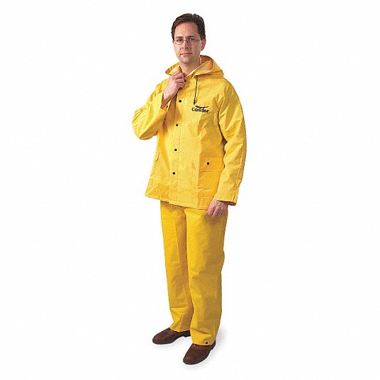 3-Piece Rainsuit with Detachable Hood: Yellow, L, PVC, 13.8 mil Thick