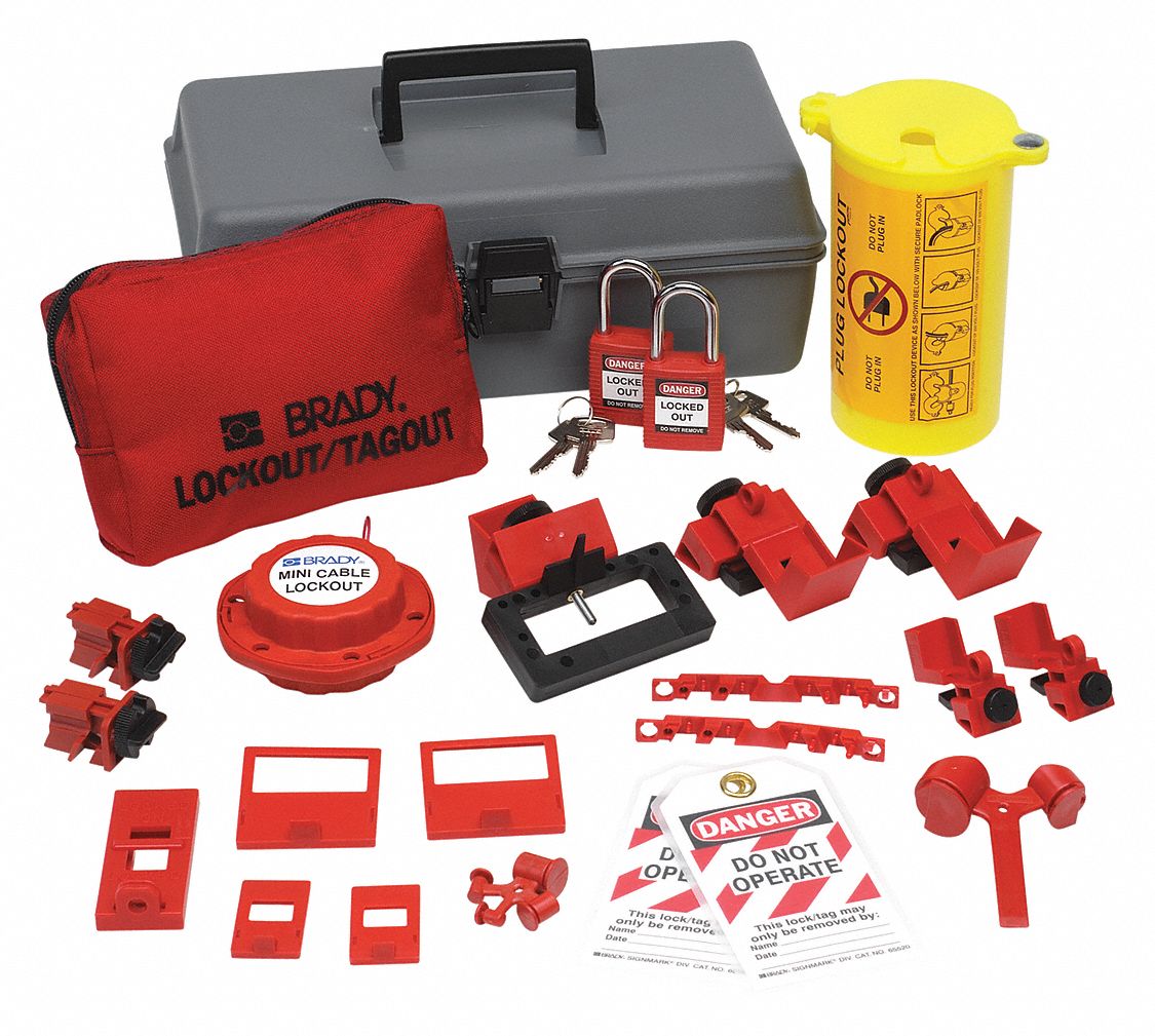 BRADY Portable Lockout Kit, Filled, Electrical Lockout, Tool Box, Gray