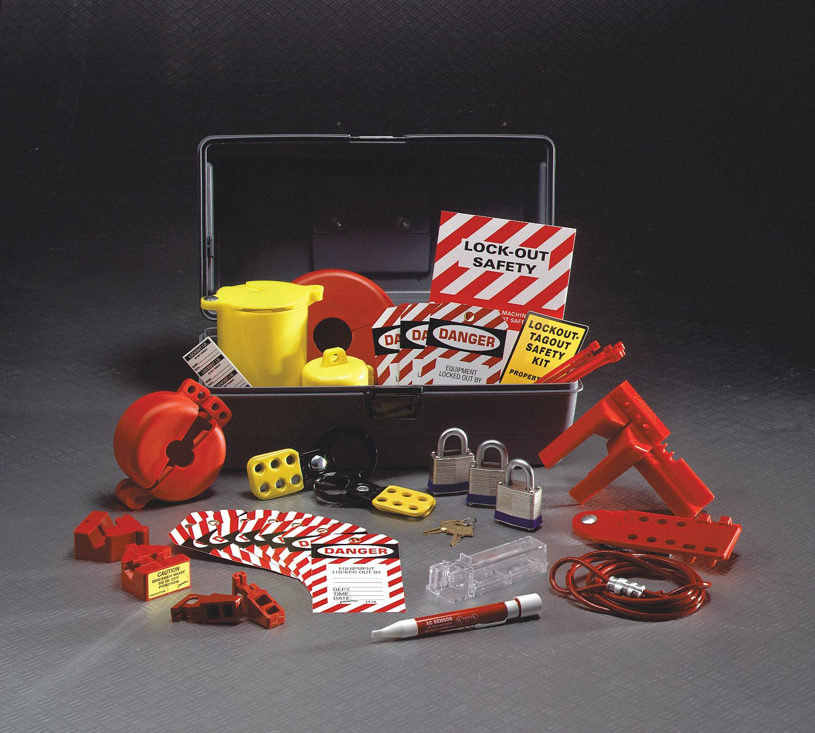 BRADY Portable Lockout Kit, Filled, Electrical Lockout, Tool Box, Gray