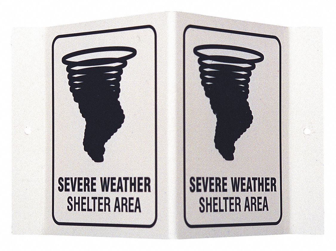 EVACUATION SIGN, ASSEMBLY OR SHELTER, NO HEADER, PLASTIC, 6 IN X 9 IN, WITH MOUNTING HOLES, V-SHAPED