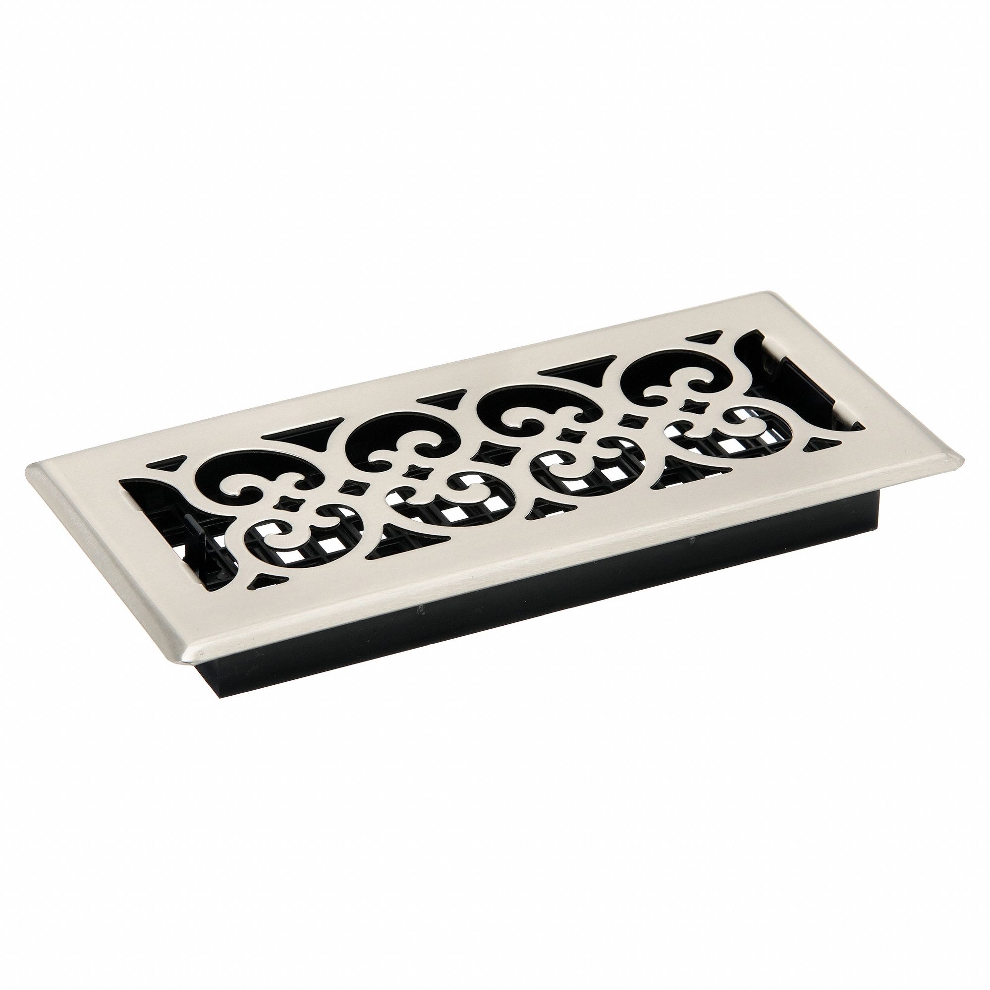 Floor Register: Floor, 11 1/2 in H, 5 1/2 in W, Decorative, Brushed, Nickel, Steel Grille, One-Way