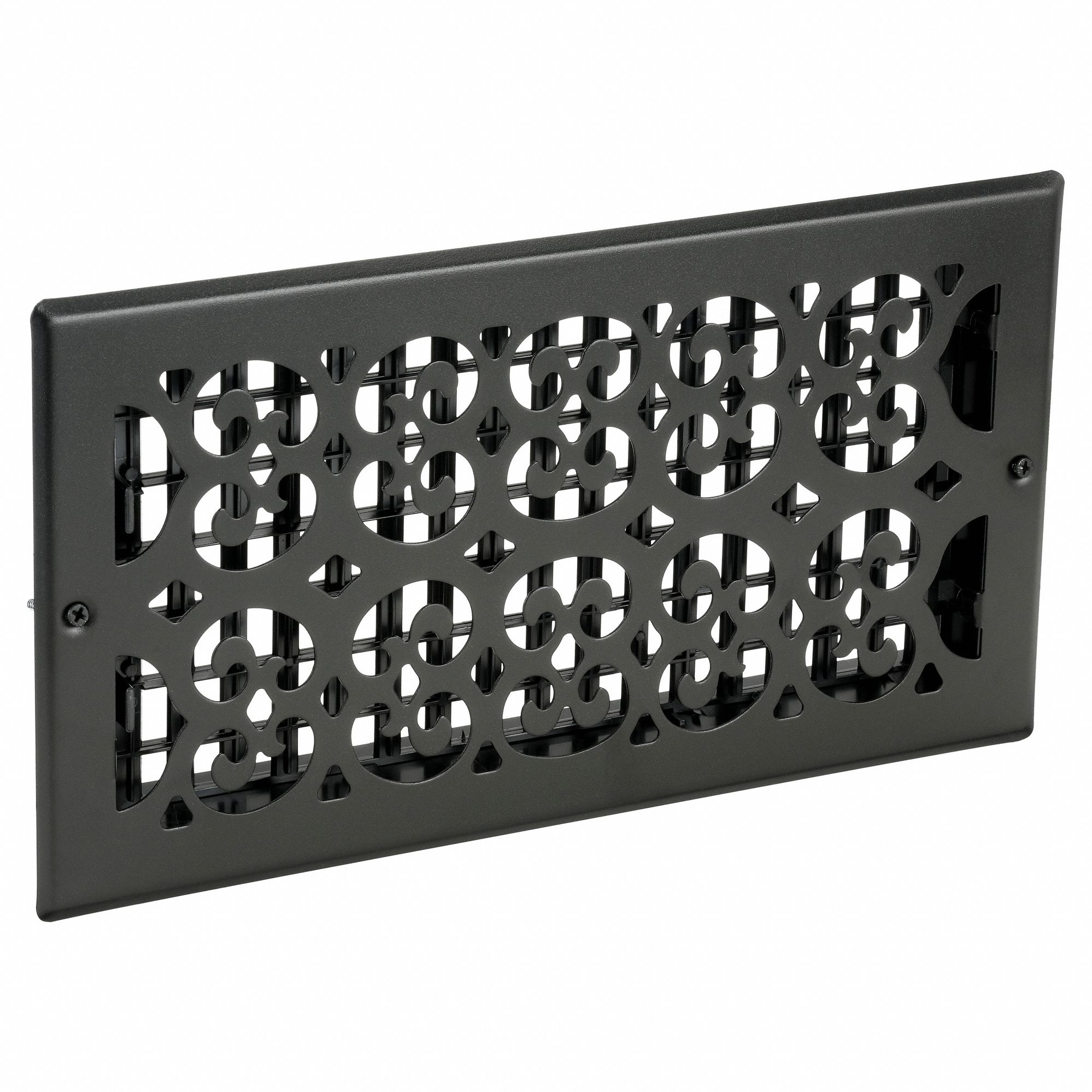 Sidewall/Ceiling Register: Wall, 13 1/2 in H, 7 1/2 in W, Decorative, Textured, Black, Steel Grille