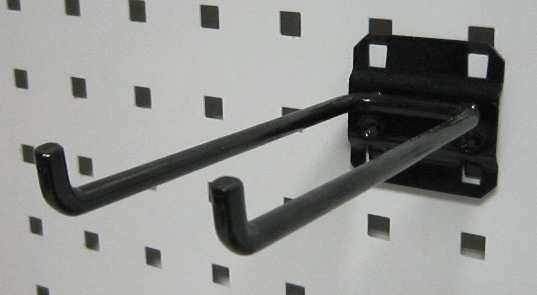 DOUBLE ROD PEGBOARD HOOK, 6¼ IN X 2¼ IN, SCREW-IN, SURFACE, BLACK