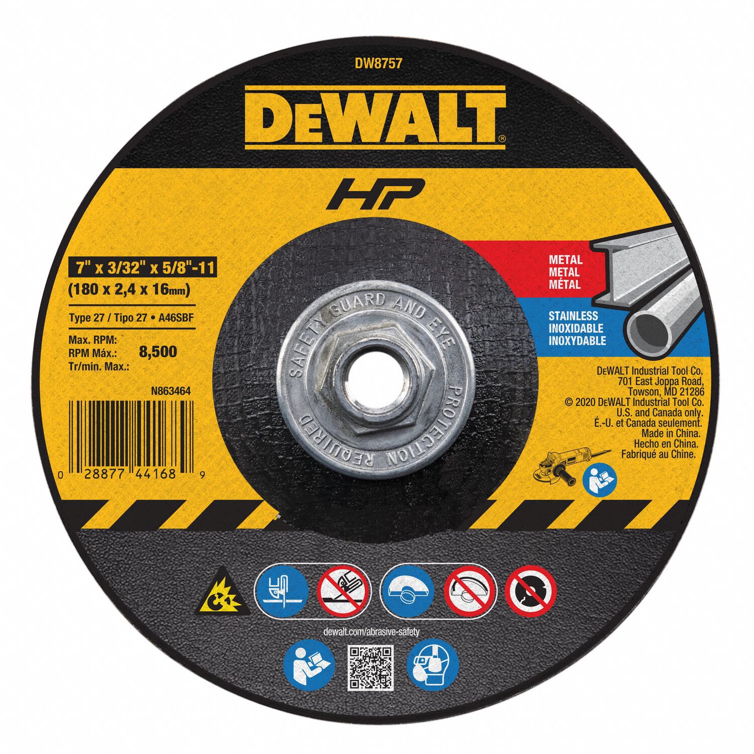 DEPRESSED CENTRE CUT-OFF WHEEL, TYPE 27, 7 IN X 3/32 IN X ⅝